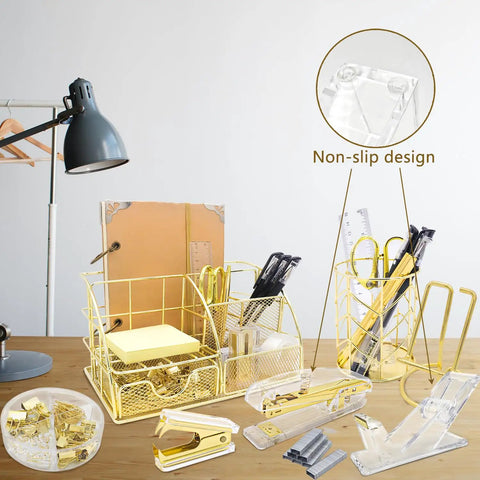 Gold Desk Organizer Set With 13 Pieces Of Office Accessories Including Acrylic Stapler, Tape Dispenser, and Scissors on desk