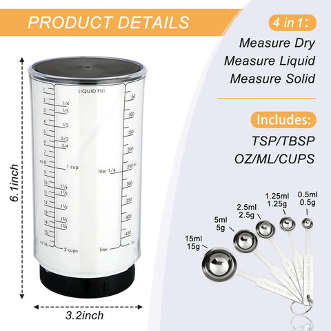 Adjustable Measuring Cup Set With 2 Cup Plastic Cups And 5 Stainless Steel Spoons For Precise Cooking And Baking No Fuss Kitchen Kit Built Like A Pro With Dual Material Design And Easy Pour, 2-cup cup and 5 spoons