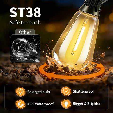 Outdoor Solar String Lights 50 Feet ST38 Shatterproof Bulbs Copper Wire Waterproof showing enlarged shatterproof bulb