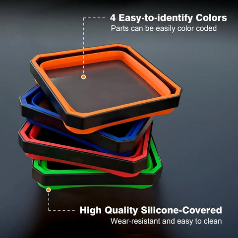 4 Pack Collapsible Silicone Magnetic Tool Trays With Dual Sided Magnetic Base Foldable 4.5 Inch Square Bowls in four colors