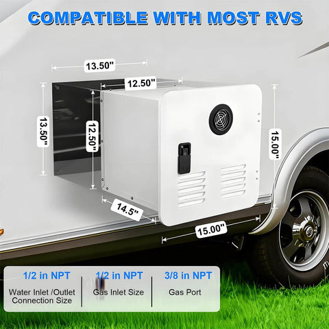 Trail Tough Tankless Camper Water Heater Cranks Out Instant Hot Water With Trusty 12V Propane Ignition dimensions overview image.