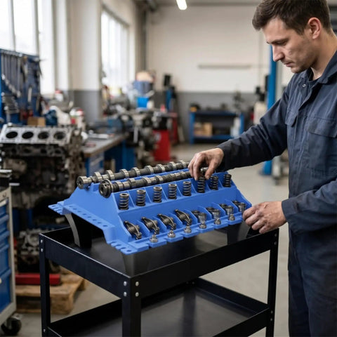 Mechanic using Beefy Parts Organizer Stand With Legs For Mechanics, Slotted Engine Parts Tray in workshop.