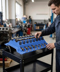 Parts Organizer Stand With Legged Base Slotted Engine Parts Tray For Mechanics in workshop setting