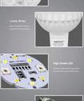 Components of MR16 Color Changing LED Spotlight 4 Watt 4 Pack RGB Plus CCT Kit, including lamp body, LED, and power driver features