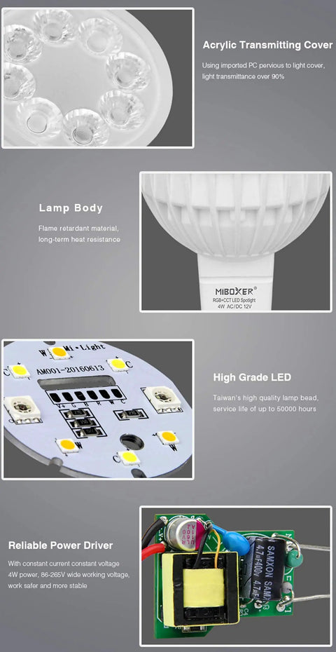 Components of MR16 Color Changing LED Spotlight 4 Watt 4 Pack RGB Plus CCT Kit, including lamp body, LED, and power driver features