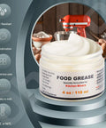 4 Oz Food Grade Grease For Stand Mixers jar with red mixer in kitchen backdrop, universal fit with included gasket
