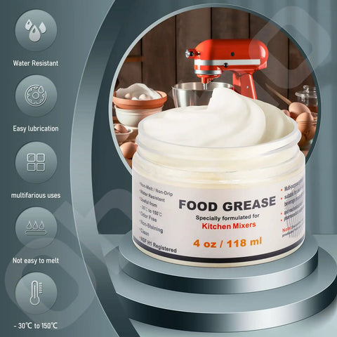4 Oz Food Grade Grease For Stand Mixers jar with red mixer in kitchen backdrop, universal fit with included gasket
