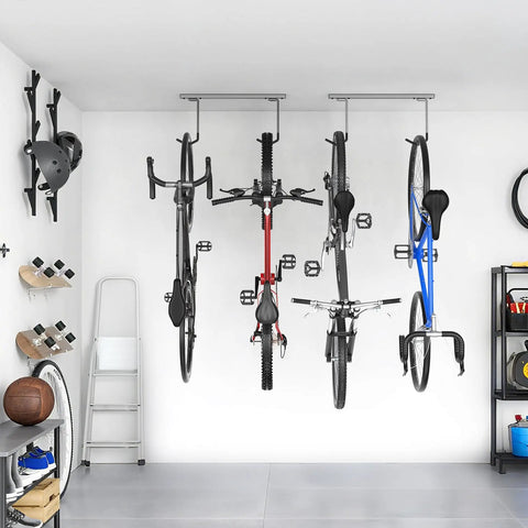 Ceiling Mounted Overhead Bike Rack For Garage Space Saving Storage Hooks That Hold 2 Bikes Horizontally Or 4 Bikes Vertically Adjustable