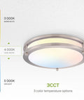 12 Inch Round LED Flush Mount Ceiling Light With 3 CCT Dimmable Settings, Low Profile Nickel Finish, showing color temperature options