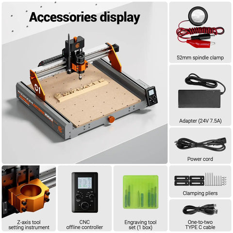 Heavy Hitter Desktop CNC Router Machine With 300W Spindle And Killer 0.01mm Precision Smart 4 Axis Controller Quick Setup accessories display.