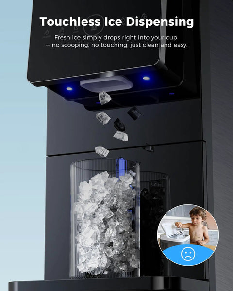 Countertop Nugget Ice Maker With Touchless Dispenser 40 Lbs Daily Output Portable Beverage Chiller serving fresh ice in a cup.