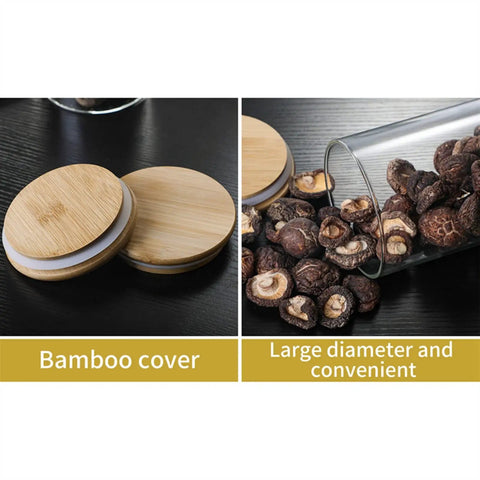 Heavy Glass Coffee Canister 2200Ml Wide Mouth Airtight Food Storage Jar For Tea Sugar Beans And Nuts Gonna Keep Your Morning Brew Fresh Along Your Counter with bamboo cover and large opening.