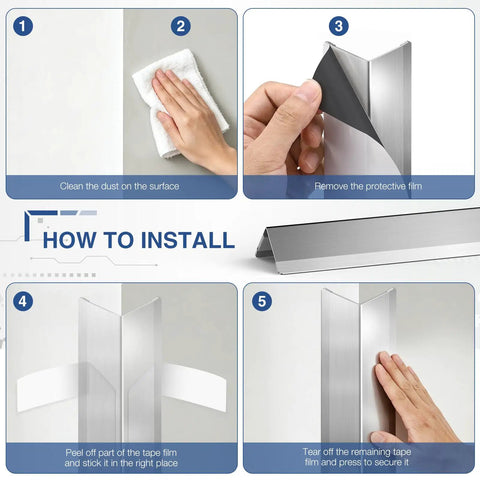 Installation guide for Hella Sick 4 Pack Stainless Steel Wall Corner Protectors with steps on cleaning and applying.