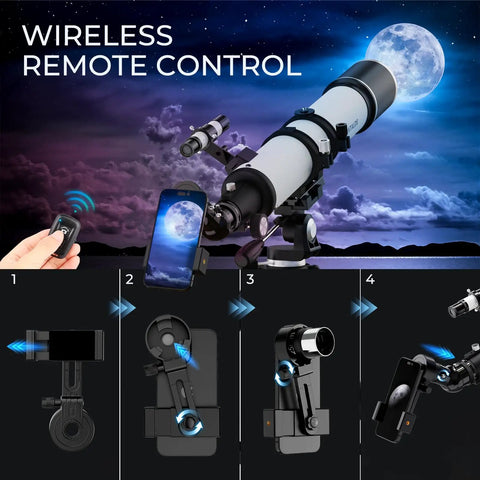 90mm Aperture Refractor Telescope With 800mm Focal Length for Beginners and Adults, showing wireless phone adapter setup.