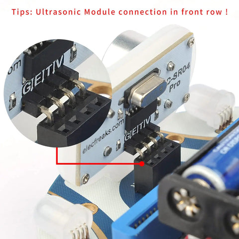 Mini Cutebot Robot Car Kit For BBC Micro:bit v2 And V1 - DIY Programmable STEM Car With Dual Motors, Graphical MakeCode Coding, Educational Build For Kids, Cute Compact Design, Battery Not Included. Ultrasonic sensor front-row connection detail.