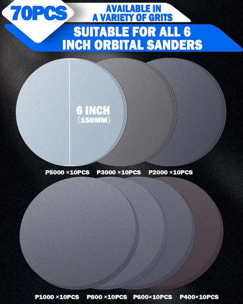 70pcs 6 Inch Wet And Dry Sanding Discs Set With Hook And Loop For DA Random Orbital Sander, assorted grits shown in layers.