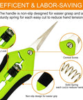 Close-up of 5 Pack Pruning Shears With Gloves Garden Clippers showing stainless steel tips, safety lock, and ergonomic handle features.