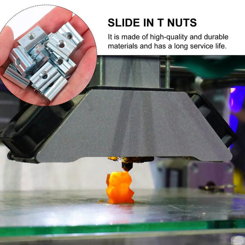 20PCS Sliding T Slot Nuts Nickel Plated Carbon Steel Bad Boy of Aluminum Extrusion Hardware in hand above 3D printer.