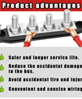 Heavy Duty Two Hundred Fifty Amp Marine Bus Bar With Thick Copper Core Twelve Volt Power Distribution Block Featuring Four Three Eighth Posts and safety features.