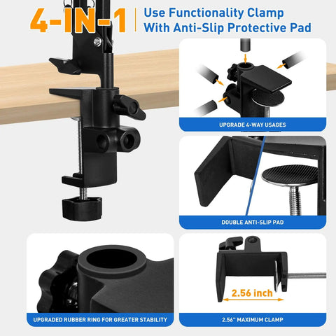 Close up of 4-way metal clip on workbench light with anti-slip pad for 12X Ultra Long 3-Section Swing Arm Lighted Magnifying Glass With Stand