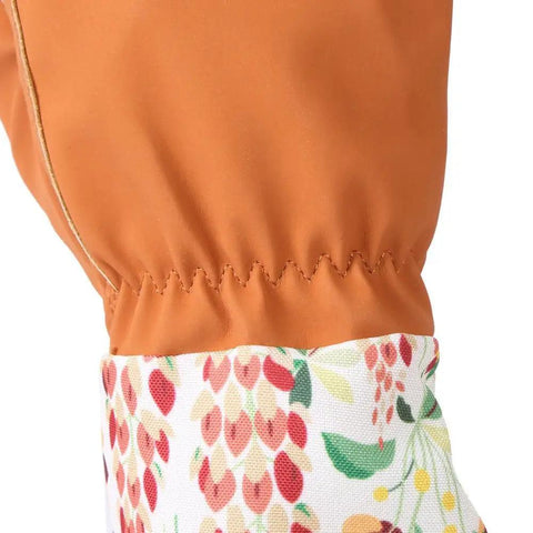 Close-up of Leather Rose Gardening Gloves Thorn Proof Pruning Gloves With Puncture Resistant Long Sleeve Cuff with floral pattern.