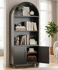 72 Inch Metal Arched Bookcase With Doors And Wheels Industrial Black Tall Storage Cabinet Lockable Wheels Adjustable Shelves Open Display Shelves Hidden Lower Storage Boss Level Living Room Or Home Office