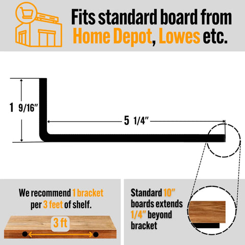 Diagram of Hidden Floating Shelf Brackets Black Carbon Steel for 6 Inch Boards with 5.25" true size and board recommendations.