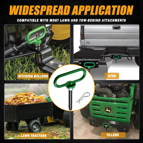 Two Pack Magnetic Trailer Hitch Pins 1/2 Inch for Lawn Mowers ATVs Trailers, handle and clip, green, shown in use.