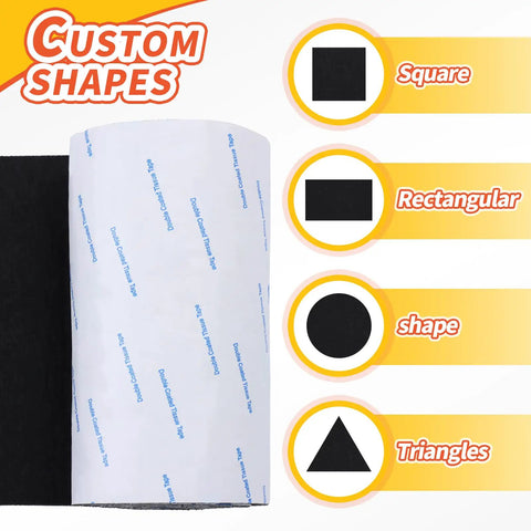 Custom shapes black self adhesive felt strips for hardwood floors, showcasing square, rectangular, circular, and triangular options.