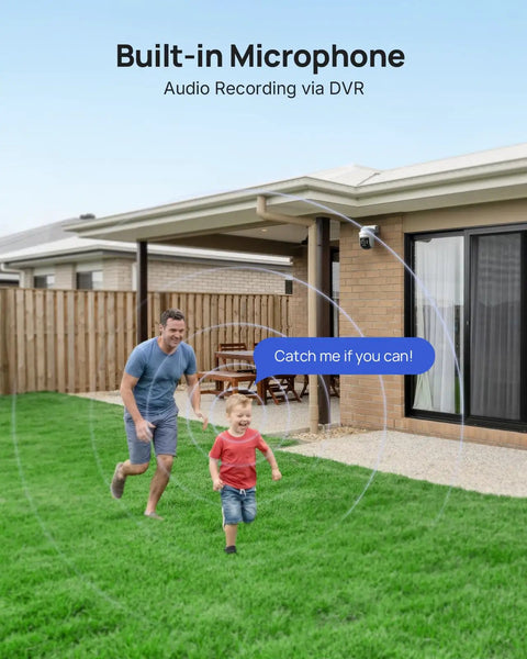 Father and son playing in backyard, Hardwired Security Camera System with Night Vision and One Way Audio visible on house wall.