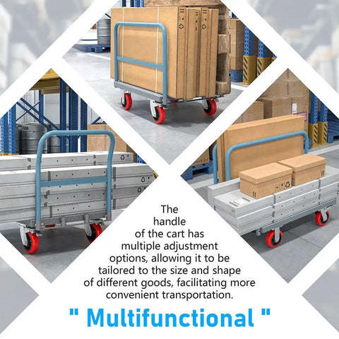 Heavy Duty Steel Panel Truck Cart Built Like A Tank With 2000 Lbs Capacity And Six Inch Smooth Wheels For Moving Drywall Lumber And Gear Zero Hassle On Any Job Site, showcasing adjustable handle and loaded with boxes.