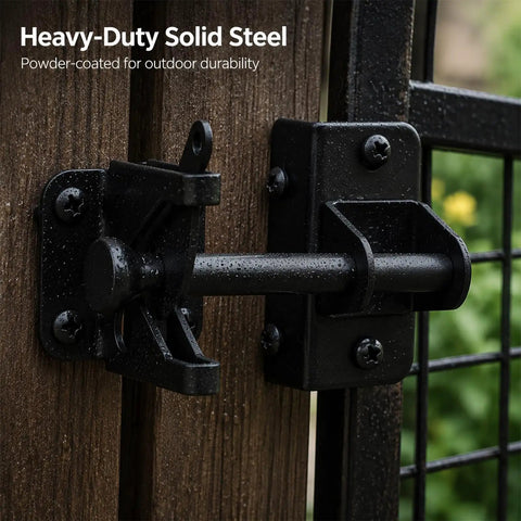 Heavy Duty Self Locking Gate Latch With Gravity Lock For Wooden Fences, auto lever action black steel latch on wood gate