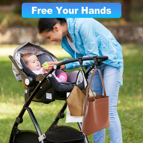 Parent using 4 Pack Premium Non Slip Stroller Hooks With Adjustable Carabiner Clips for Diaper Bags on stroller outdoors