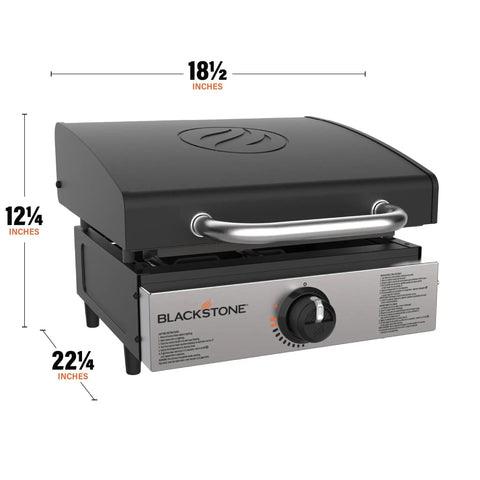 Stainless Steel Propane Gas Portable Flat Top Griddle Station For Outdoor Kitchens Camping Tailgate Ready And Tabletop Cooking 17 Inch 12,000 BTU Heavy Duty Easy Cleanup Versatile Breakfast And Burgers shown with closed lid and measurements.