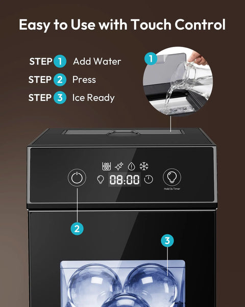 Control panel of Crystal Clear Ice Ball Maker For Countertop 2.4 Inch Spheres 2 Piece Set, showing touch buttons and ice chamber