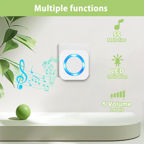 Wireless Waterproof Doorbell Kit With 2 Push Buttons And 2 Plug In Receivers 1300 Feet Range 55 Chimes LED Flash Display