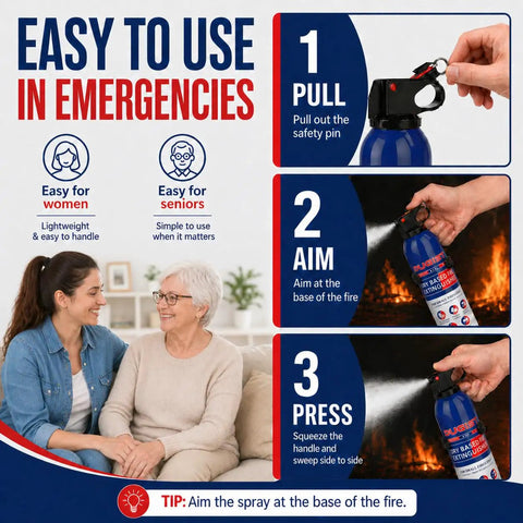 Steps to use Four Pack Portable Dry Chemical Fire Extinguishers 1.32lb Each For Home Kitchen And Car Fast Acting Grease And Electrical Fire Suppressors