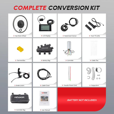Beefed Up 48V 1200W Front Wheel Ebike Conversion Kit parts layout with controller, LCD, throttle for 26 inch bikes