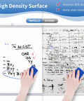Person erasing text on foldable Dry Erase Whiteboard 48 By 36 Inch Large Wall Mounted Whiteboard with aluminum frame showing surface quality comparison.