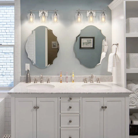 Three Light Brushed Nickel Vanity Light For Bathroom Over Mirror Glass Wall Mount Dimmable Modern Vanity Lighting Installed in Bathroom