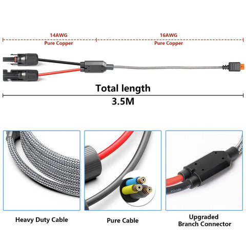 Diagram of 16 Ft Solar To XT60i Charging Cable Extension with heavy duty nylon braid and injection molded XT60i connector.