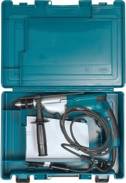 Beefy Three Quarter Inch Hammer Drill With LED Light, 6.6 Amp Power, in case with cord and handle, tool storage view