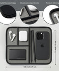 Pebble Black Vegan Leather Valet Tray For Nightstand, 9.5 By 7.9 Inch Medium Catchall Organizer displaying compartments with phone and accessories.