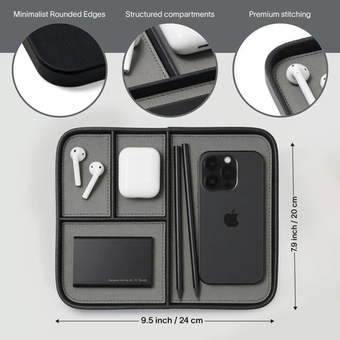 Pebble Black Vegan Leather Valet Tray For Nightstand, 9.5 By 7.9 Inch Medium Catchall Organizer displaying compartments with phone and accessories.