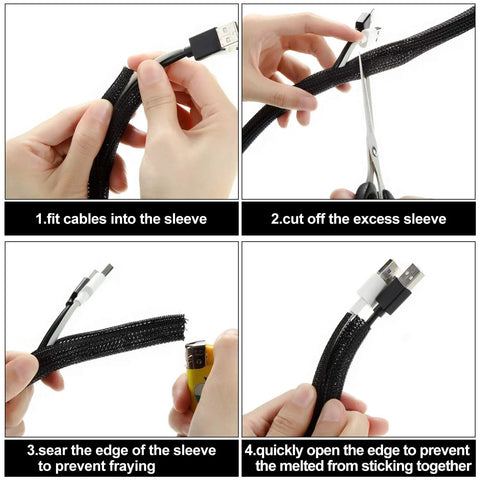 Steps showing how to use black wire loom tubing from Split Cable Sleeve Set For USB Chargers And Audio Video Cables.