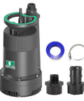 Compact One Quarter Horsepower Portable Water Pump That Delivers Up To 2110 GPH With A 25 Ft Head For Pool Basement Hot Tub And Garden Drainage 120V Electric Sump Pump With Garden Hose Check Valve Adapter shown with accessories