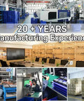 20+ years manufacturing experience visual, showcasing factory floor, meeting room, and assembly areas with equipment.