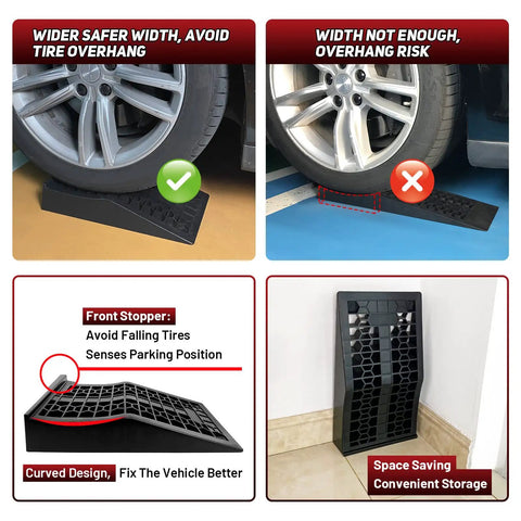 Beefy Heavy Duty Car Ramps For Lift And Maintenance in use, showing wide design and tire overhang safety, 17.5 x 10 x 3.14 inches