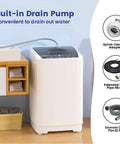 No Sweat Laundry Days With This Compact Portable Washing Machine Ideal For Dorm Rooms And Small Apartments Lightweight Fully Automatic Top Load Design Handles Up To 13 Pounds Fast Easy Setup showing built-in drain pump and hoses.