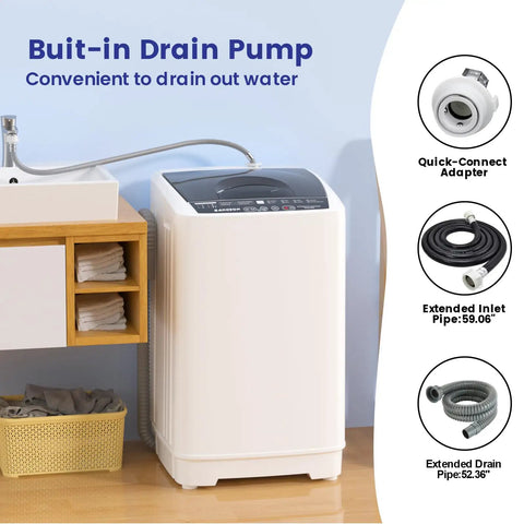 No Sweat Laundry Days With This Compact Portable Washing Machine Ideal For Dorm Rooms And Small Apartments Lightweight Fully Automatic Top Load Design Handles Up To 13 Pounds Fast Easy Setup showing built-in drain pump and hoses.